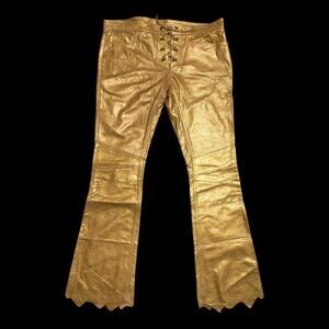 NWOT Fire Kult Leather Pants Gold Metallic Lace Up Flare Low Rise 36